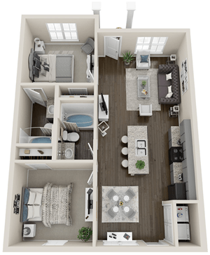 Floor plan for 2 beds, 2 baths, 901 sqft